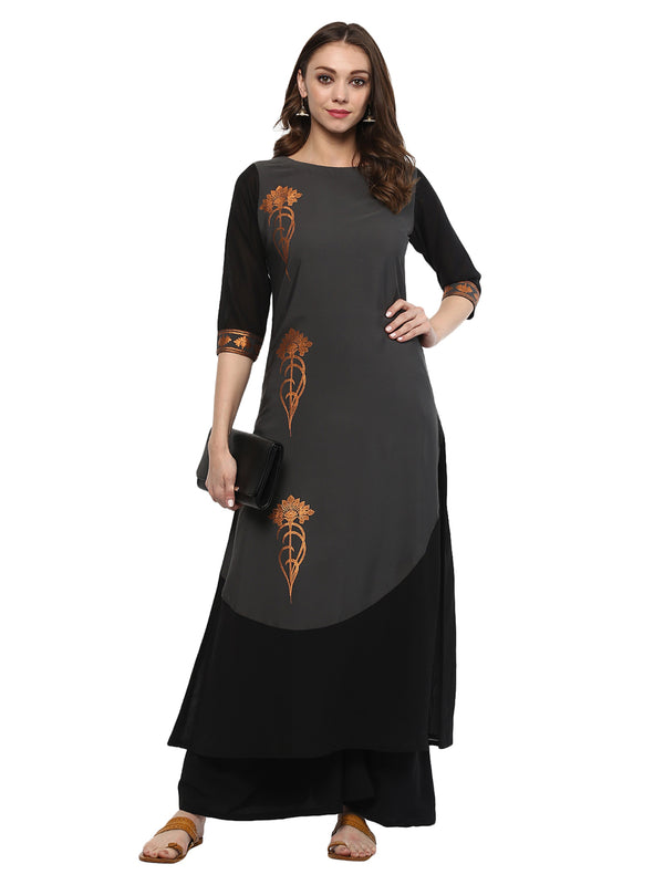 Women's Grey Crepe Kurta And Palazzo Set - Ziyaa