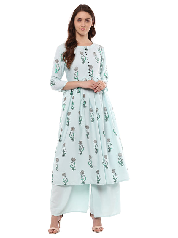 Women's Blue Crepe Kurta And Palazzo Set - Ziyaa