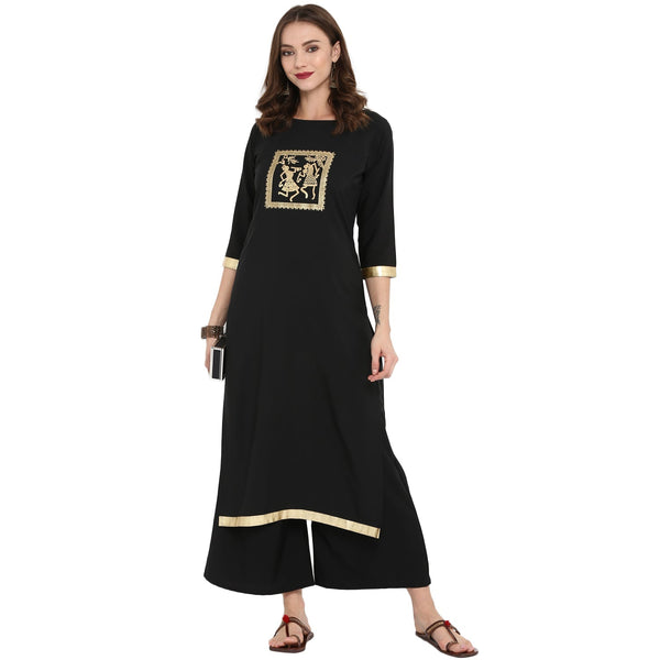 Women's Black Crepe Kurta And Palazzo Set - Ziyaa