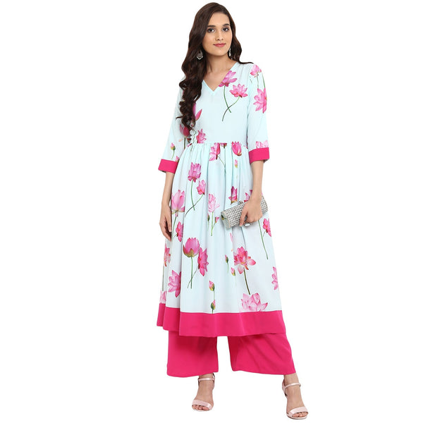 Women's Blue Crepe Kurta And Palazzo Set - Ziyaa