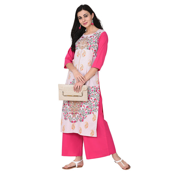 Women's Pink Crepe Kurta And Palazzo Set - Ziyaa