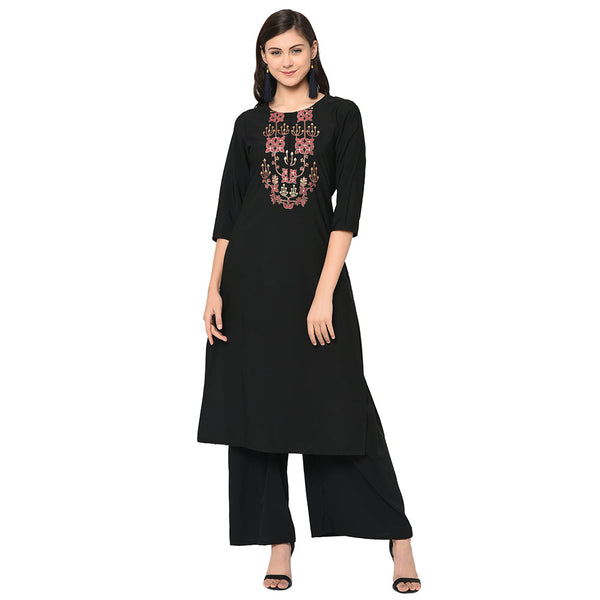 Women's Black Crepe Kurta And Palazzo Set - Ziyaa