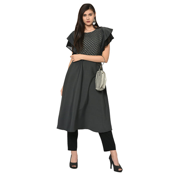 Women's Grey Crepe Kurta And Pant Set - Ziyaa