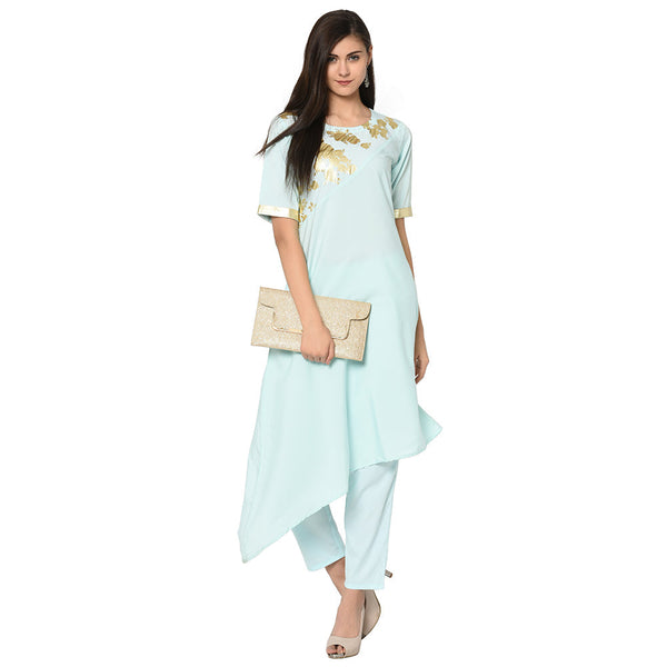 Women's Blue Crepe Kurta And Pant Set - Ziyaa