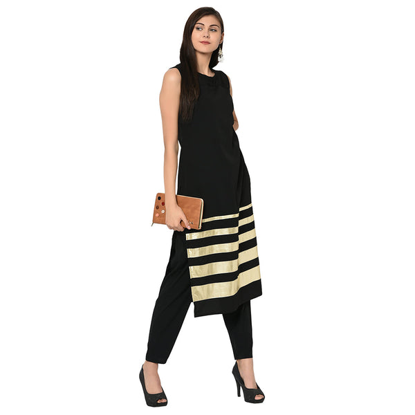 Women's Black Crepe Kurta And Pant Set - Ziyaa