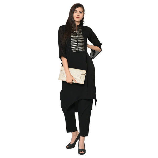 Women's Black Crepe Kurta And Pant Set - Ziyaa