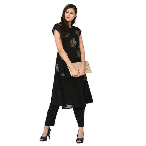 Women's Black Crepe Kurta And Pant Set - Ziyaa