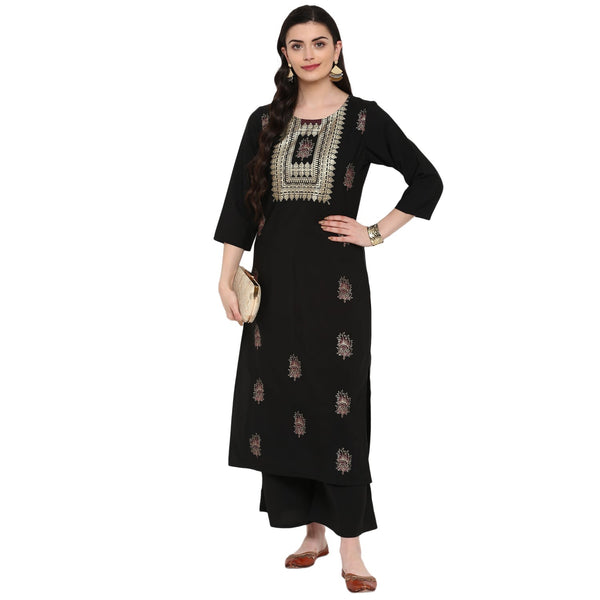 Women's Black Crepe Kurta And Palazzo Set - Ziyaa