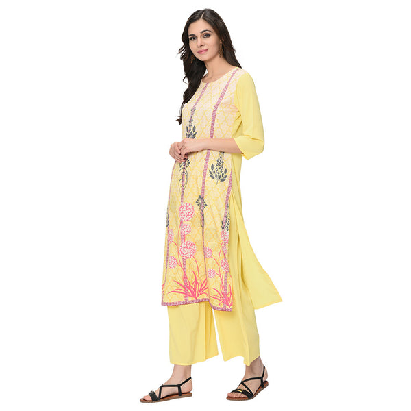 Women's Yellow Crepe Kurta And Palazzo Set - Ziyaa