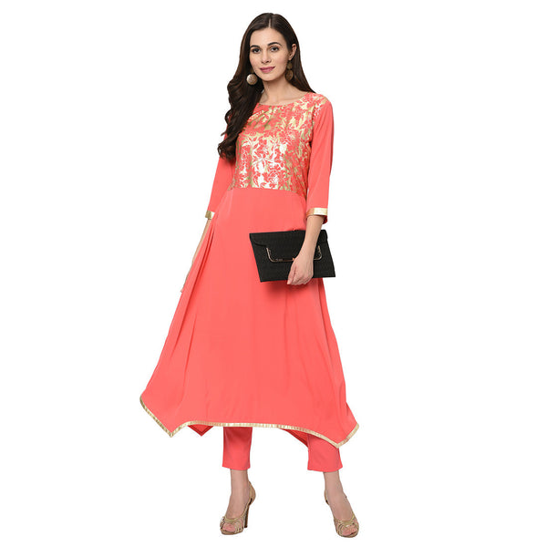 Women's Pink Crepe Kurta And Pant Set - Ziyaa