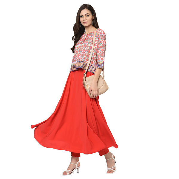 Women's Red Crepe Kurta And Pant Set - Ziyaa