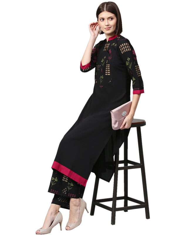 Women's Black Crepe Kurta And Palazzo Set - Ziyaa