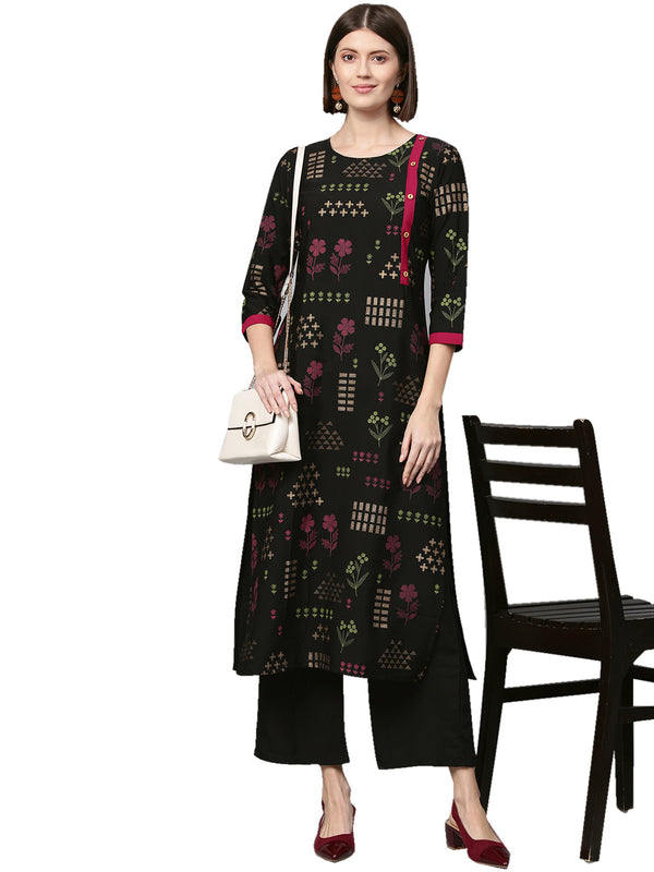 Women's Black Crepe Kurta And Palazzo Set - Ziyaa