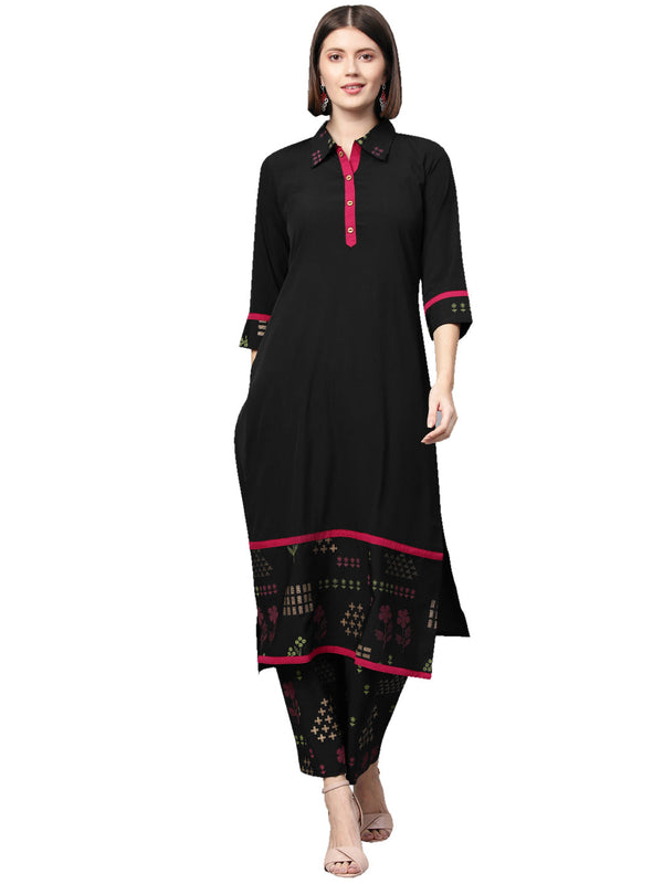 Women's Black Crepe Kurta And Palazzo Set - Ziyaa