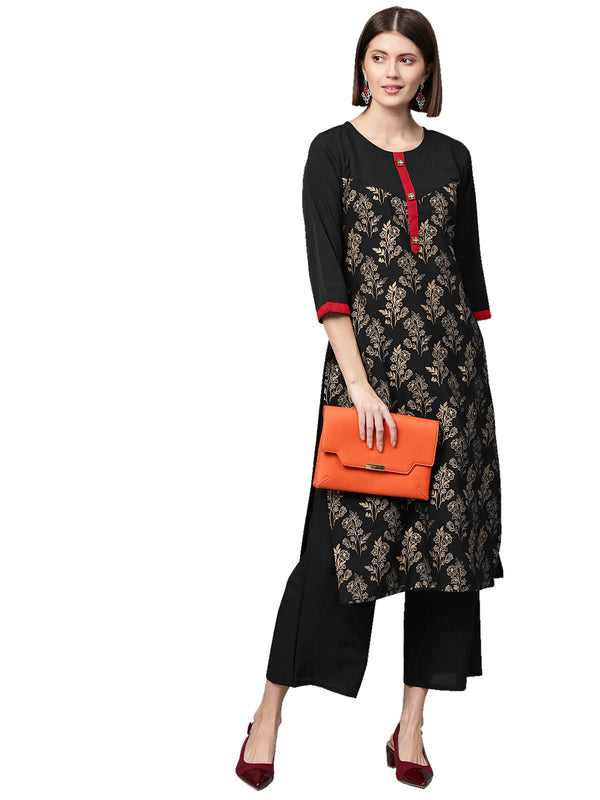 Women's Black Crepe Kurta And Palazzo Set - Ziyaa