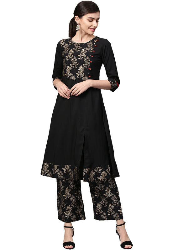 Women's Black Crepe Kurta And Palazzo Set - Ziyaa