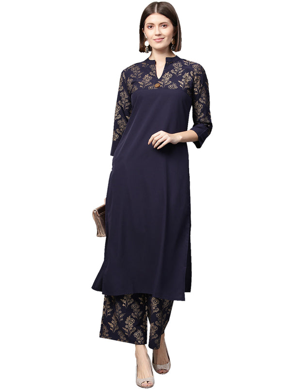 Women's Blue Crepe Kurta And Palazzo Set - Ziyaa