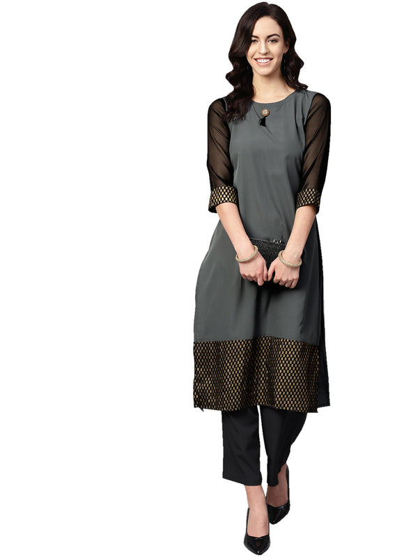 Women's Grey Crepe Kurta And Palazzo Set - Ziyaa