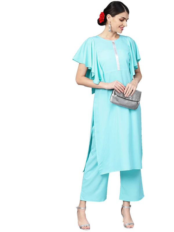 Women's Sky Blue Crepe Kurta And Palazzo Set - Ziyaa