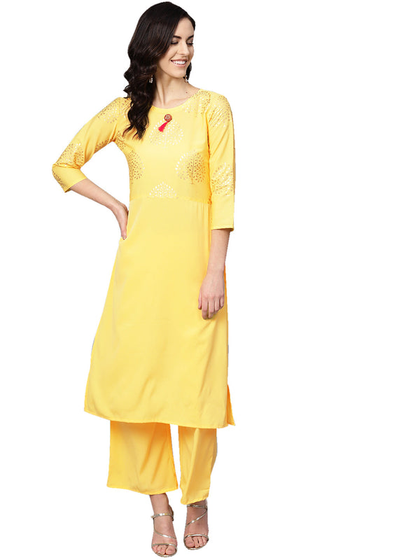 Women's Yellow Crepe Kurta And Palazzo Set - Ziyaa