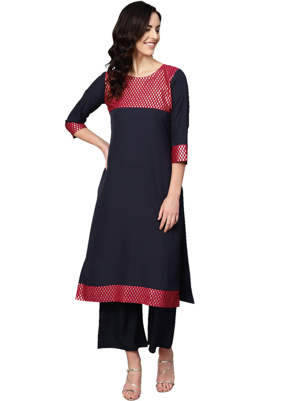 Women's Blue Crepe Kurta And Palazzo Set - Ziyaa