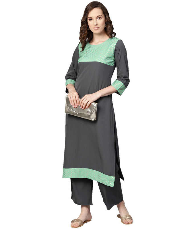 Women's Grey Crepe Kurta And Palazzo Set - Ziyaa