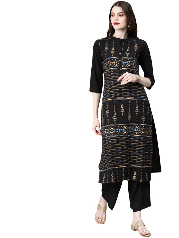 Women's Black Crepe Kurta And Palazzo Set - Ziyaa