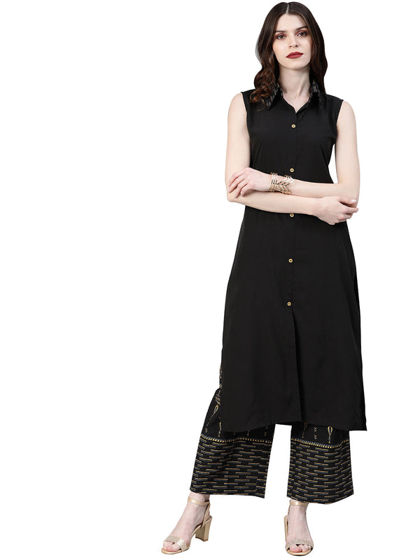 Women's Black Crepe Kurta And Palazzo Set - Ziyaa