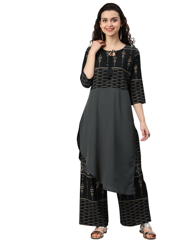 Women's Grey Crepe Kurta And Palazzo Set - Ziyaa