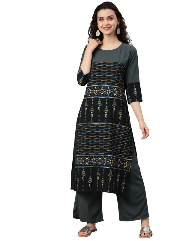 Women's Grey Crepe Kurta And Palazzo Set - Ziyaa