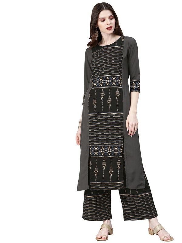 Women's Grey Crepe Kurta And Palazzo Set - Ziyaa