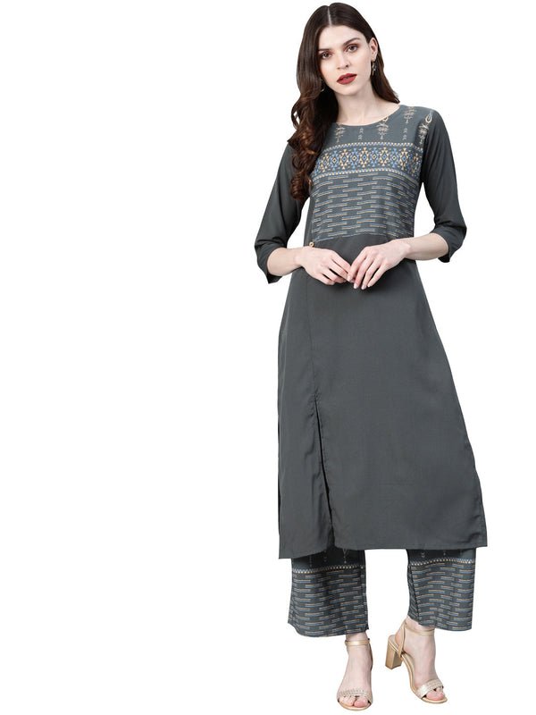 Women's Grey Crepe Kurta And Palazzo Set - Ziyaa