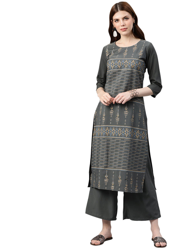 Women's Grey Crepe Kurta And Palazzo Set - Ziyaa