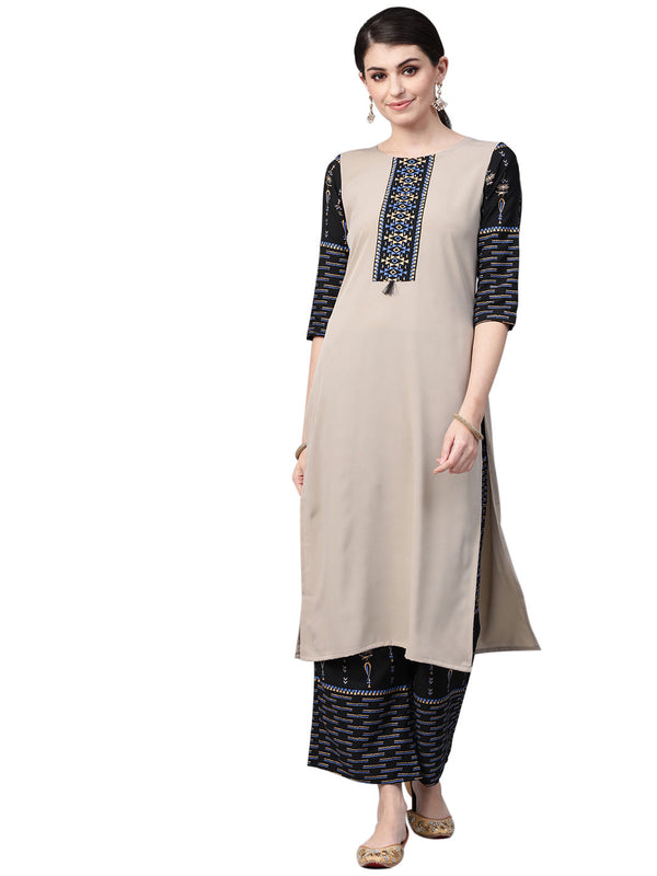 Women's Grey Crepe Kurta And Palazzo Set - Ziyaa