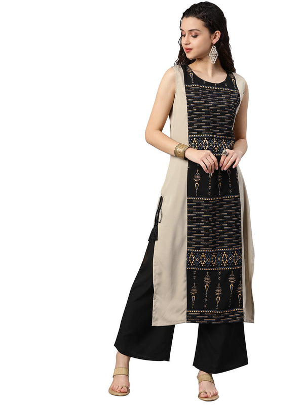 Women's Grey Crepe Kurta And Palazzo Set - Ziyaa