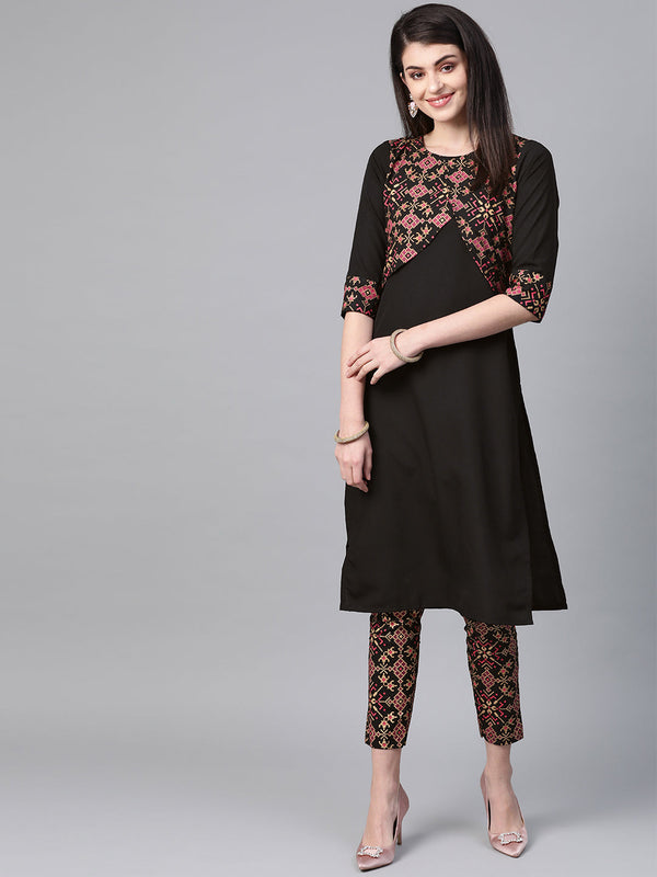 Women's Black Crepe Kurta And Pant Set - Ziyaa