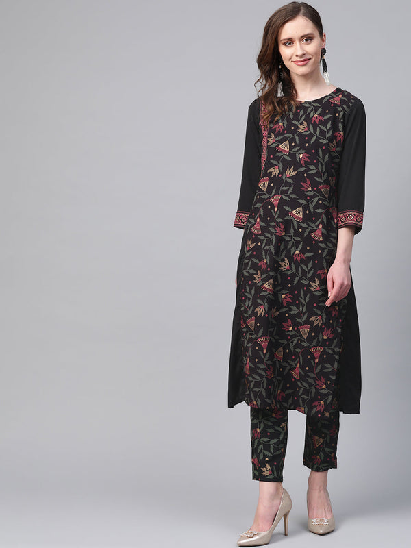 Women's Black Crepe Kurta And Pant Set - Ziyaa