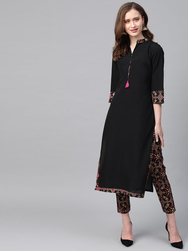 Women's Black Crepe Kurta And Pant Set - Ziyaa