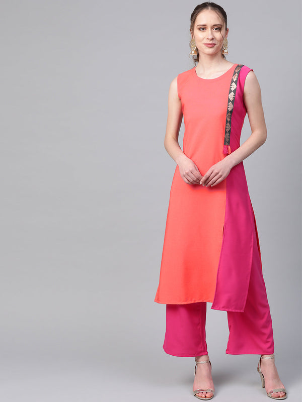 Women's Orange Crepe Kurta And Palazzo Set - Ziyaa