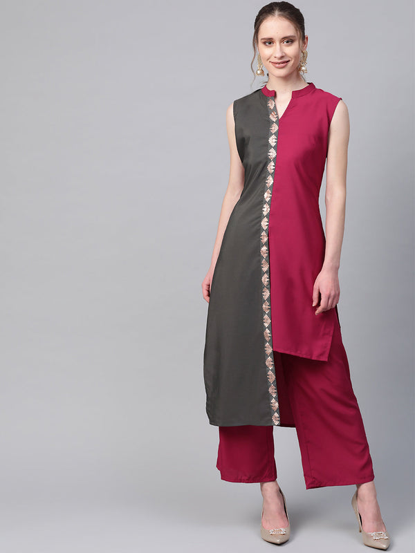 Women's Pink Crepe Kurta And Palazzo Set - Ziyaa