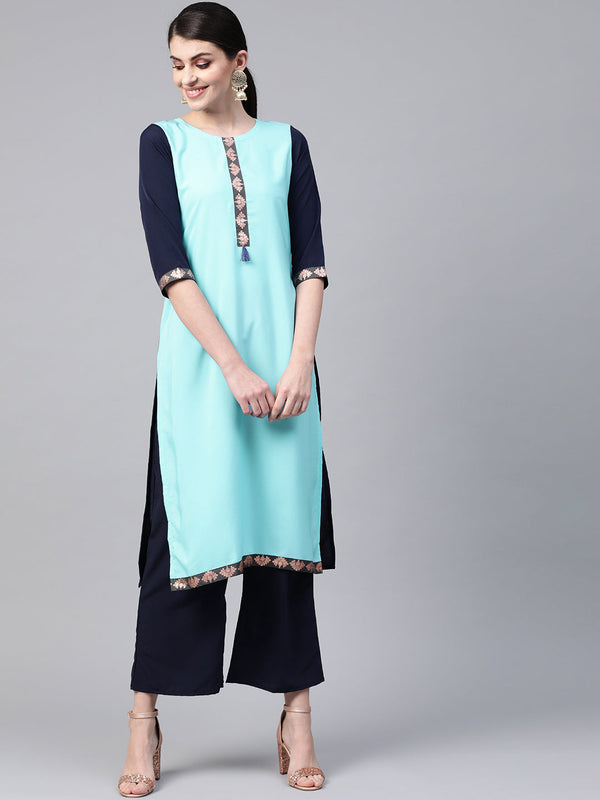 Women's Blue Crepe Kurta And Palazzo Set - Ziyaa