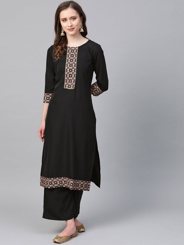 Women's Black Crepe Kurta And Palazzo Set - Ziyaa