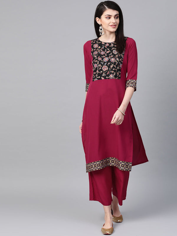 Women's Pink Crepe Kurta And Palazzo Set - Ziyaa