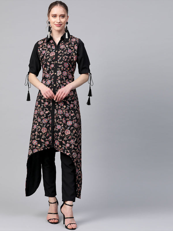 Women's Black Crepe Kurta And Pant Set - Ziyaa