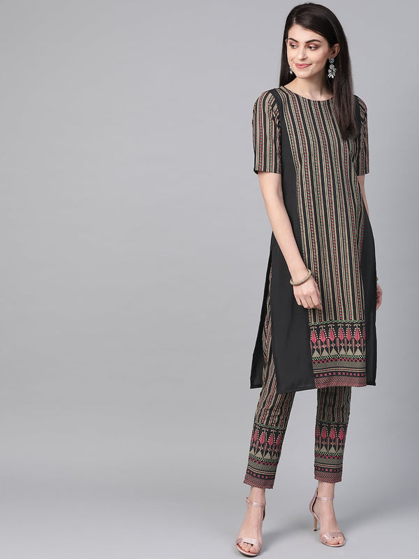 Women's Black Crepe Kurta And Pant Set - Ziyaa