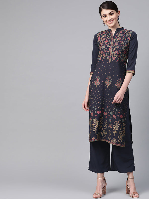 Women's Navy Blue Crepe Kurta And Palazzo Set - Ziyaa