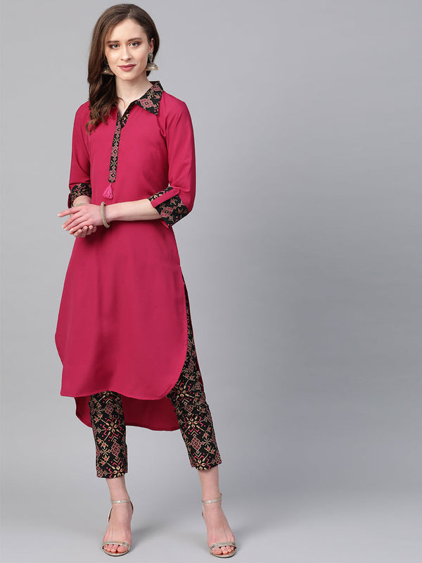 Women's Pink Crepe Kurta And Pant Set - Ziyaa