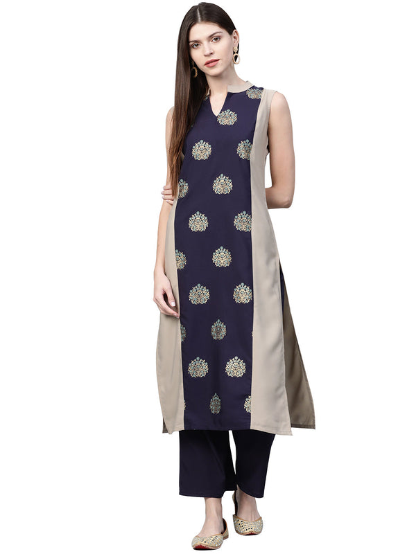 Women's Grey Crepe Kurta And Palazzo Set - Ziyaa