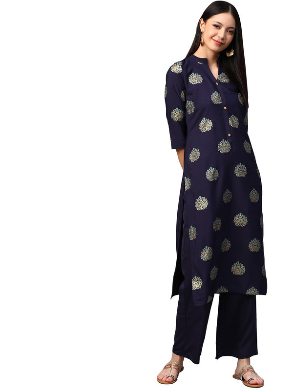 Women's Navy Blue Crepe Kurta And Palazzo Set - Ziyaa