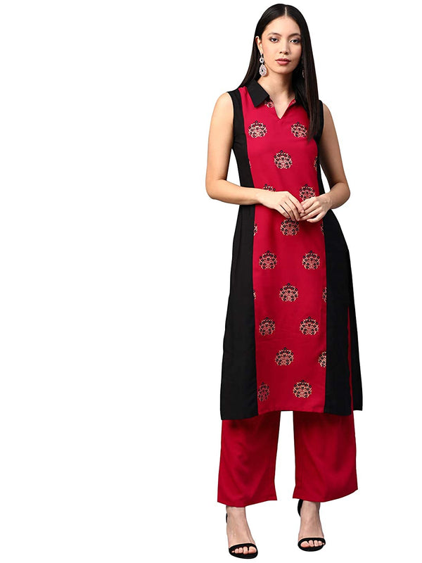 Women's Black Crepe Kurta And Palazzo Set - Ziyaa